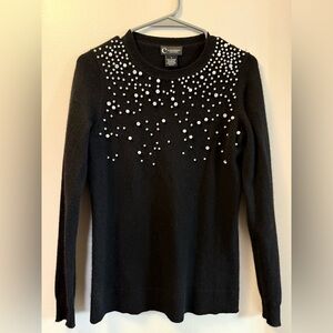 C by Bloomingdale's Black Cashmere Sweater with Rhinestone and Pearl details